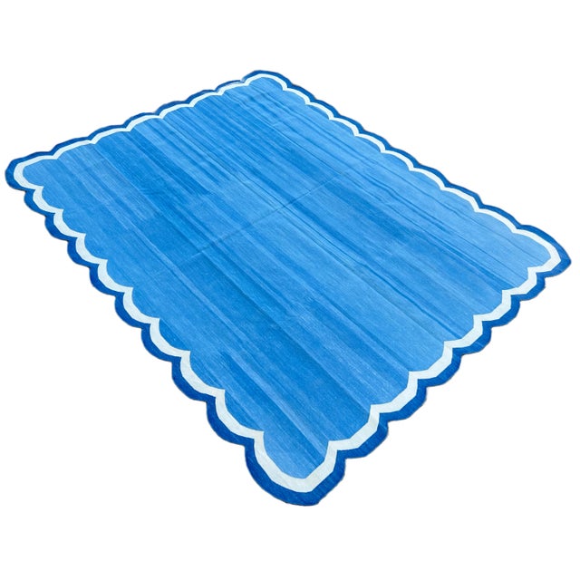 Handmade Cotton Area Scalloped Rug Blue, Cream, Indigo Blue Border Dhurrie - 5'x8' For Sale - Image 11 of 11