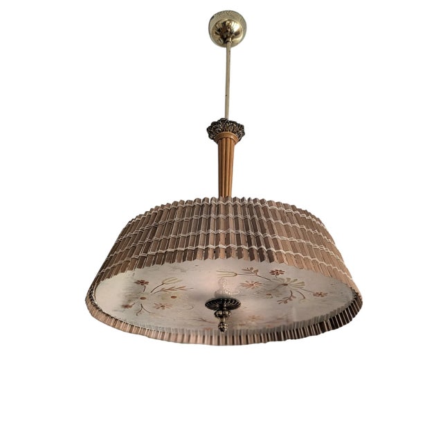 Finnish Model 20317 Pendant Lamp with Wooden Slat Shade and Hand-Painted Kauklahti Glass.idman by Gunnel Nyman for Idman, 1940s For Sale - Image 16 of 16