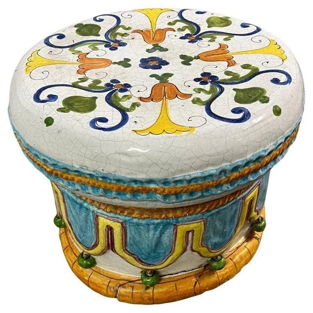 Majolica Italian Ceramic Terracotta Hand Painted Hollywood Regency Stool For Sale - Image 10 of 10