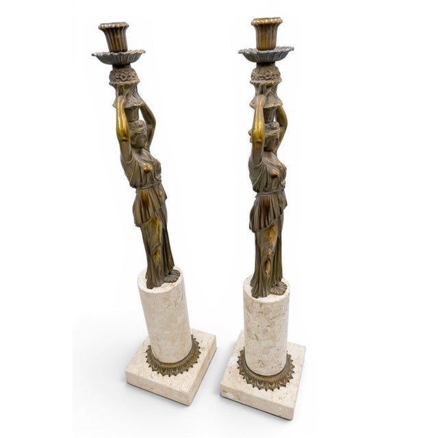 Mid 20th Century Pair of 24-Inch Neoclassical Bronze Caryatid and Limestone Candlesticks For Sale - Image 4 of 12