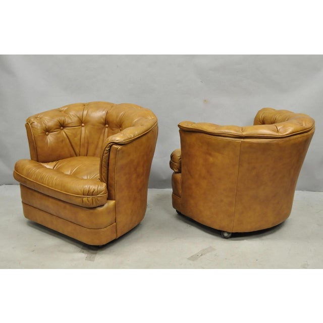 Vintage Classic Leather Chesterfield Brown Tufted Leather Barrel Club Chair Pair For Sale - Image 11 of 14