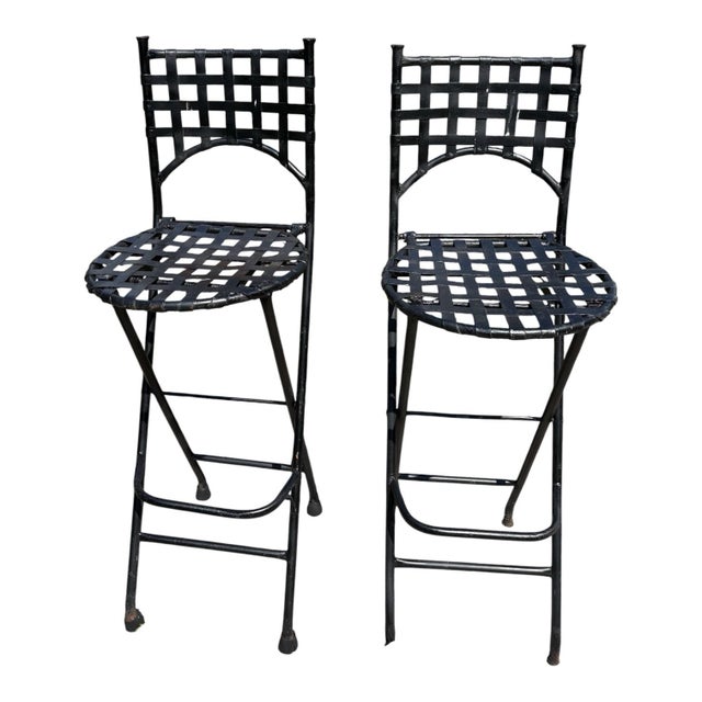 Black Vintage Folding Metal Bar Stools Pair Black Woven Lattice Basket Weave Indoor/Outdoor Hollywood Regency For Sale - Image 8 of 9