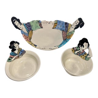Set of 3 Vintage 1979-80 Flyn Studio Art Pottery Japan Inspired Plates, Signed For Sale