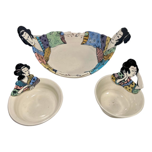 Set of 3 Vintage 1979-80 Flyn Studio Art Pottery Japan Inspired Plates, Signed For Sale
