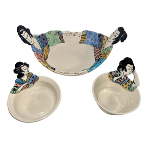 Set of 3 Vintage 1979-80 Flyn Studio Art Pottery Japan Inspired Plates, Signed