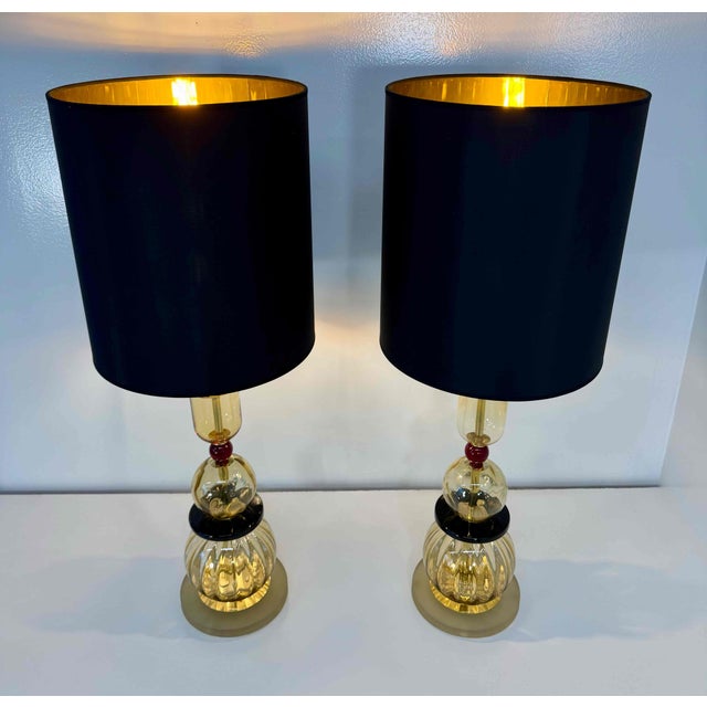 Italian Amber, Burgundy and Black Murano Glass Table Lamps, 2000s, Set of 2 For Sale - Image 4 of 14