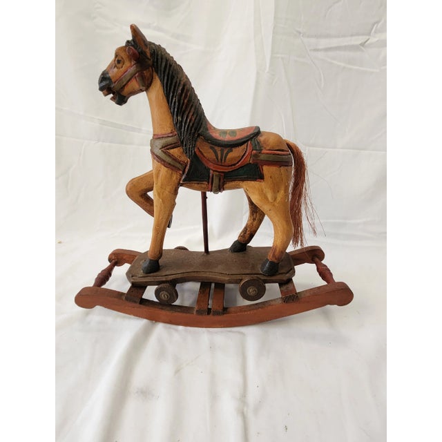Traditional Vintage 1950's Wooden Hand Craved Carousel Rocking Horse With Horsehair Tail For Sale - Image 3 of 12