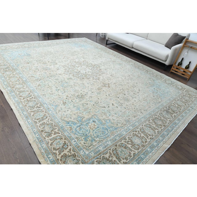1970s Vintage Persian Handmade Wool Cotton Beige Blue Area Rug For Sale - Image 11 of 11