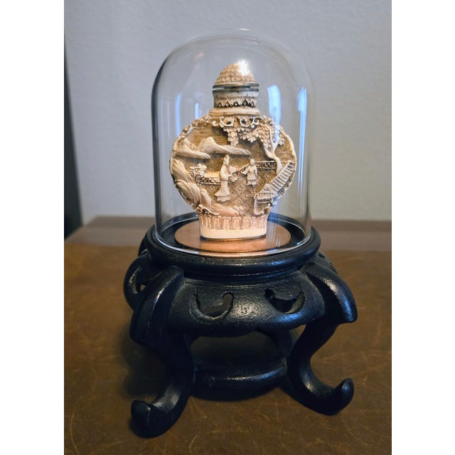Ivory Hand-Carved Chinese Scenic Snuff Bottle With Pseudo Reign Mark & Carved Stand For Sale - Image 8 of 8