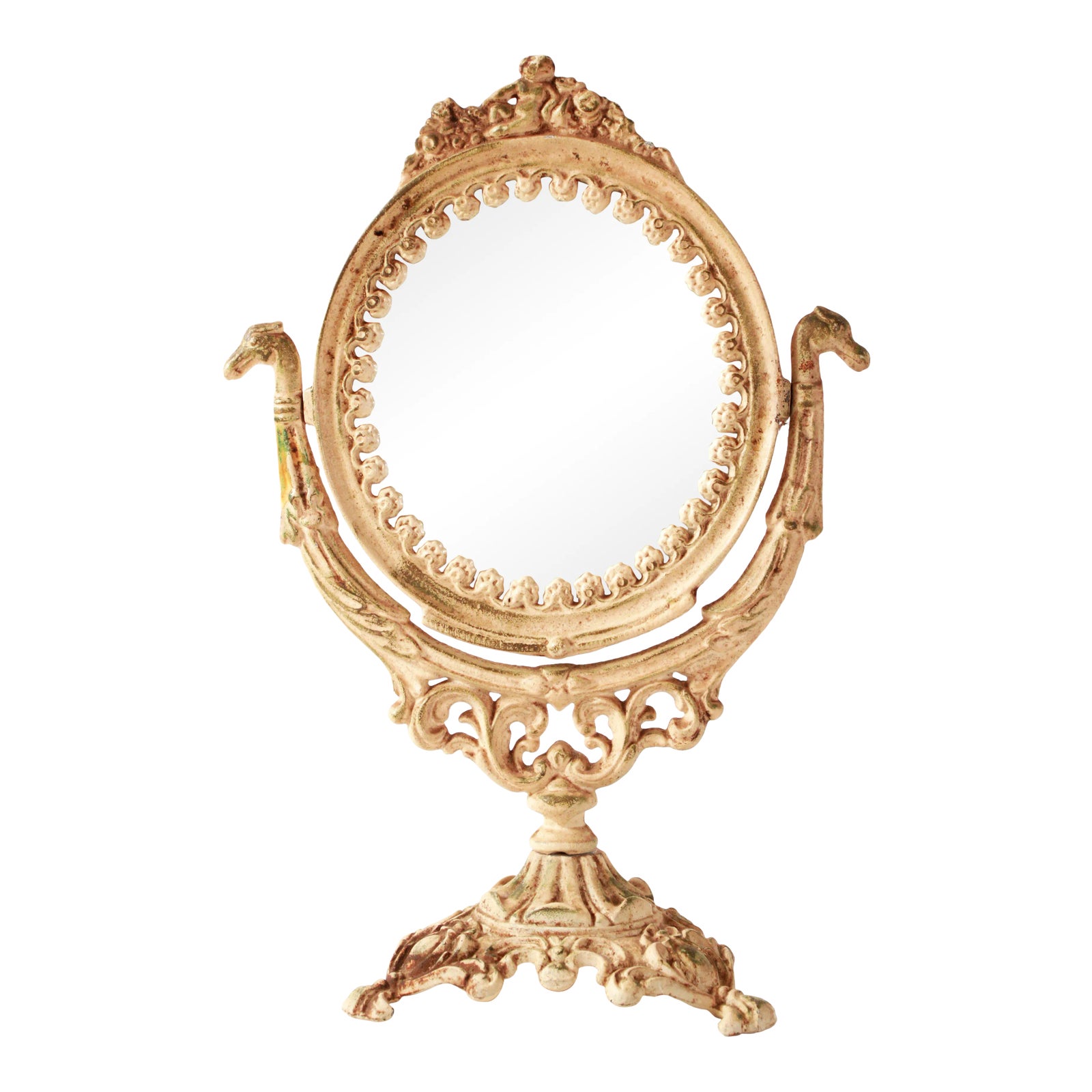 Antique White Iron Swivel Vanity / Dresser Mirror