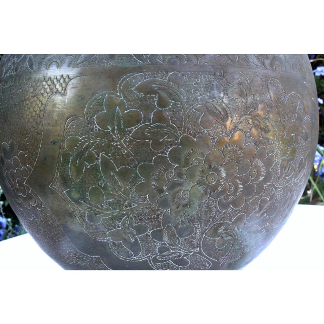 8" Vintage Hand-Chased Brass Cachepot Jardinere – Peony & Chrysanthemum Engravings For Sale - Image 9 of 15