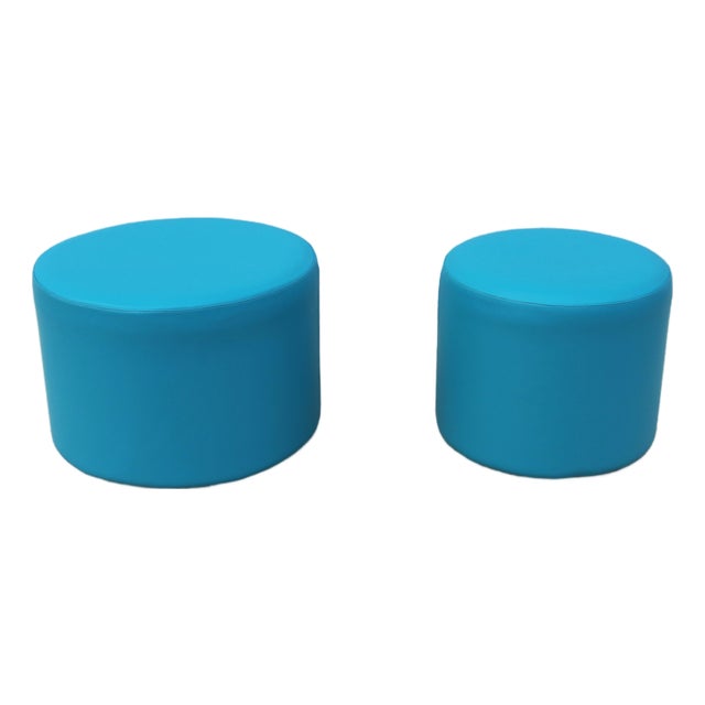 Modern Boost Round Ottomans in Tropic Blue Silicone by Ofs and Carolina - A Pair For Sale