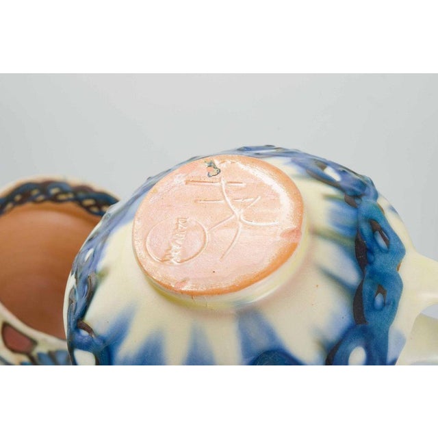 Kähler, denmark creamer and sugar bowl, glazed ceramics hand-decorated with polychrome floral and garland motifs in blue...