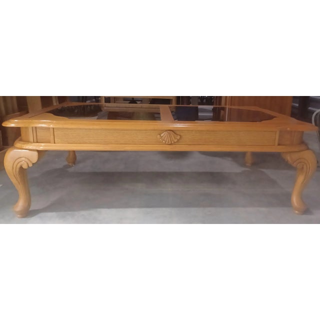 Traditional 1990s Oak Coffee Table With Glass Inserts For Sale - Image 3 of 7