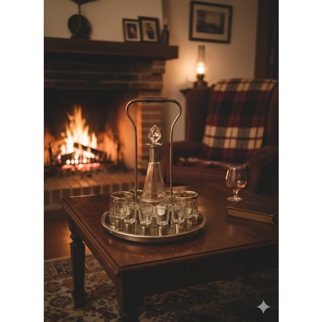 The set consists of a decanter and clear glass glasses, placed in a silver-plated metal stand and tray. Handle: The...