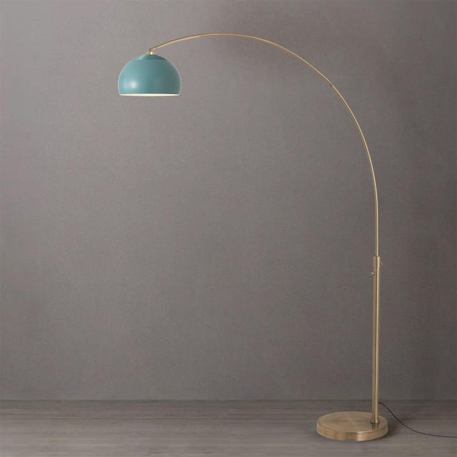 Half Dome 92" Arc Floor Lamp - Mid-Century Modern, Weathered Brass, Black Marble Base, Blue Shade For Sale In Los Angeles - Image 6 of 7