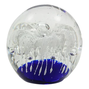 Vintage Blown Art Glass Paperweight Blue and White Flower