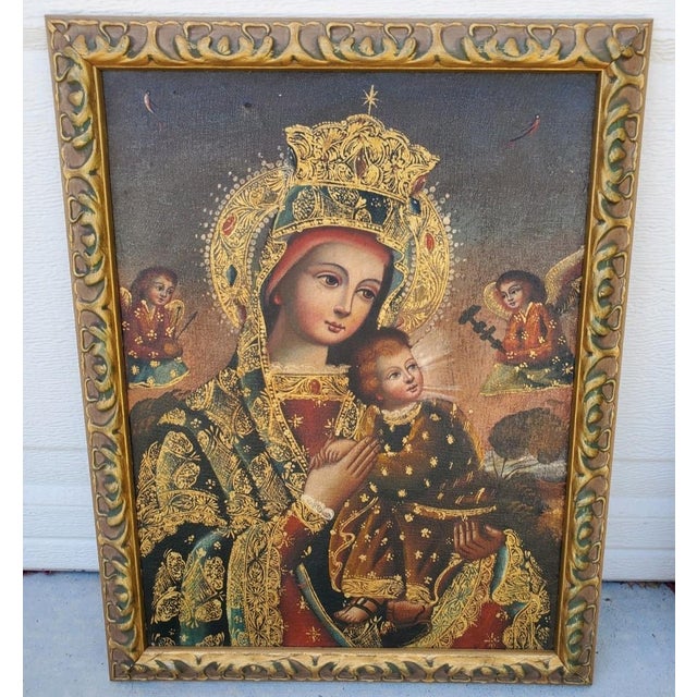 Folk Art Pair Cusco School Paintings Madonna and Child & Archangel Barachiel 20th Century For Sale - Image 3 of 12