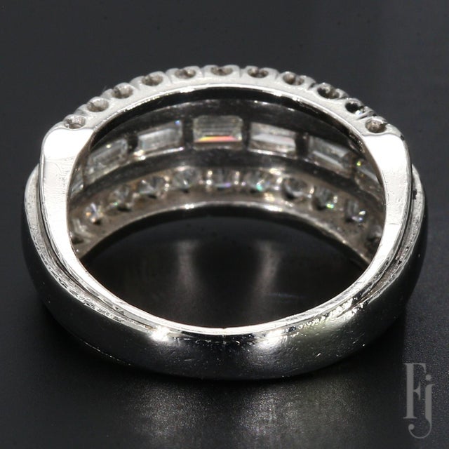 Mid 20th Century Vintage Platinum Three-Row Band With Round & Baguette Diamonds - Size 4.5 For Sale - Image 5 of 9