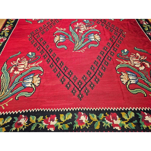 Red Vintage Turkish Bessarabian Kilim, Handwoven Wool, Floral Pattern, Red & Black, 11x13 For Sale - Image 8 of 13