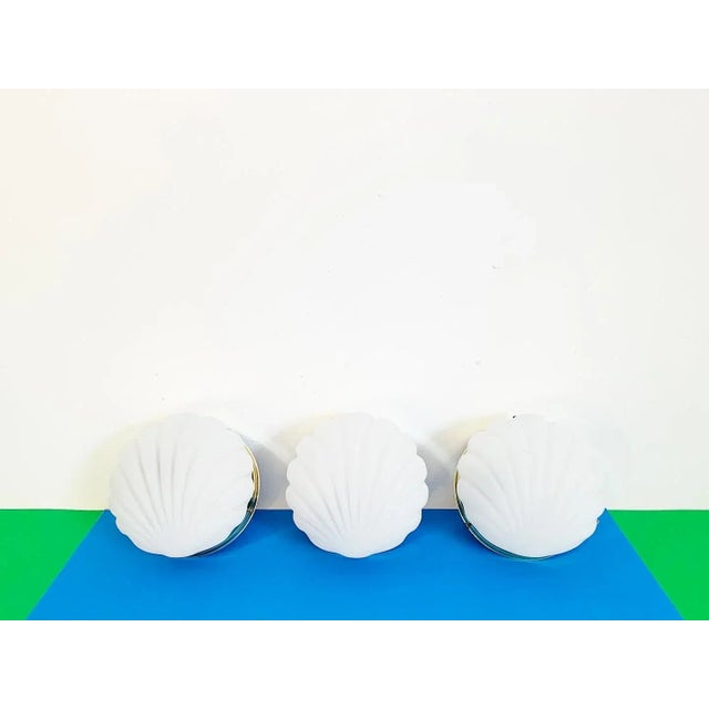 Metal 1970s Frosted Glass Scallop Shell Wall Lights - Set of Three For Sale - Image 7 of 18