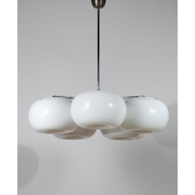 Large Mid-Century Modern Five-Light Opaline Glass Chandelier, Italy, 1970s For Sale - Image 6 of 11