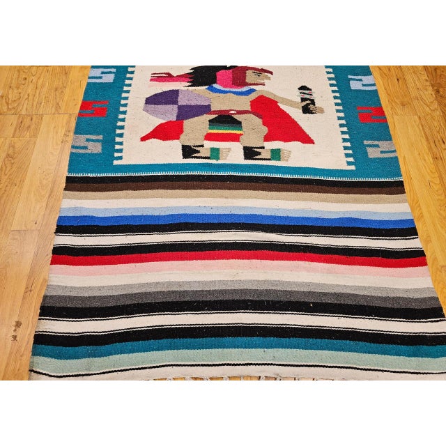 1900 - 1909 Vintage Southwestern Pictorial Kilim Rug, Handwoven Aztec Design, Blue & Ivory, 4x8 For Sale - Image 5 of 8