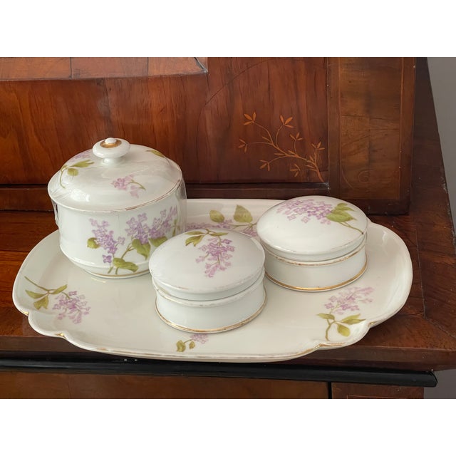 Antique Limoges France Porcelain Ladies Vanity Set With Lilacs - 4 Piece Set For Sale - Image 9 of 9