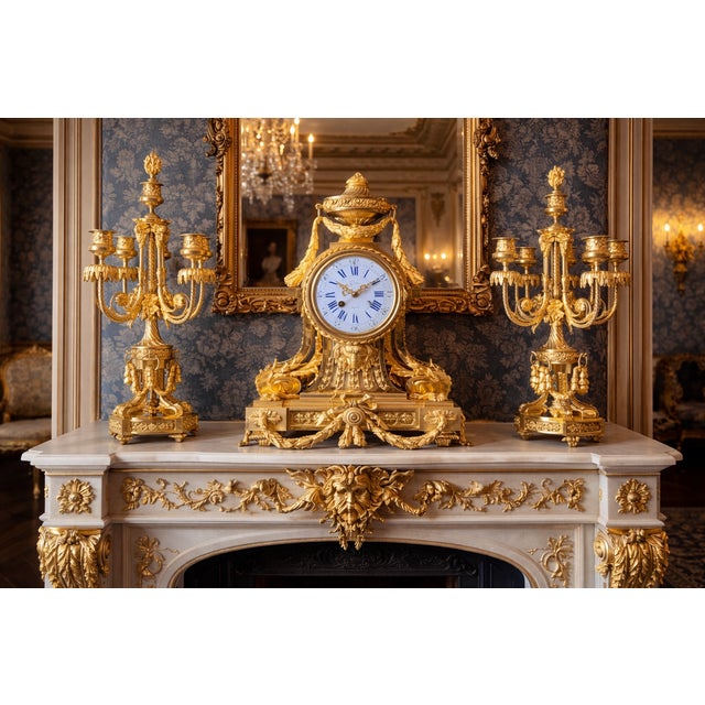 c. 1860 French Louis XVI Gilt Bronze Mantel Clock Garniture – 3 Pieces Offered here is an exceptional mid-19th-century...