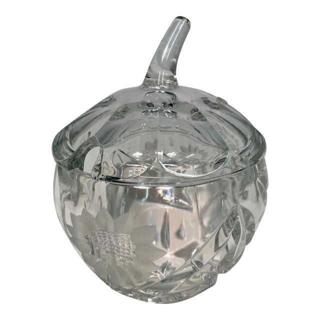 Antique Pumpkin Shaped Cut Glass Jam Jar With SunFlower Design From England For Sale