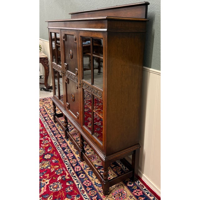Antique English Jacobean Bookcase Bookshelf Cabinet Barley Twist Wavy Glass Oak For Sale - Image 11 of 18