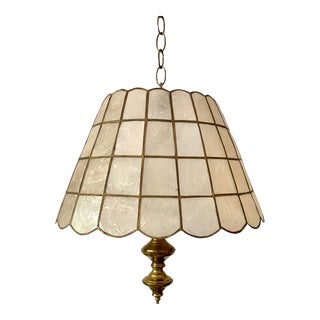 Vintage Capiz Shell and Brass Swag Pendant Light Fixture For Sale
