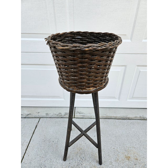Mid-Century Modern 40s Round Rattan Wicker Basket Planter Spindle Legs For Sale - Image 3 of 12