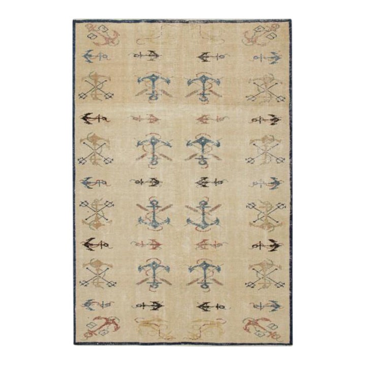 1960s Vintage Zeki Müren Rug in Beige and Navy Blue Nautical Patterns ...