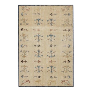 1960s Vintage Zeki Müren Rug in Beige and Navy Blue Nautical Patterns by Rug & Kilim For Sale