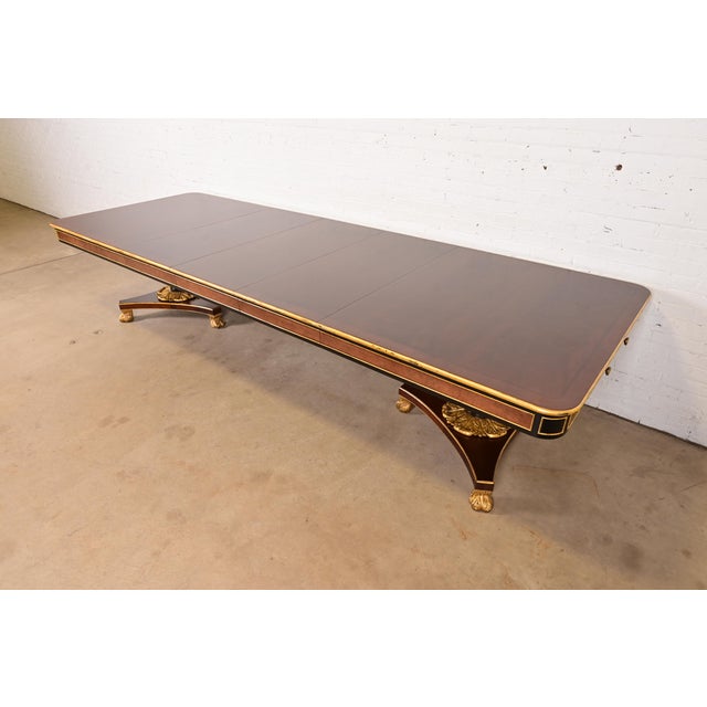 Neoclassical Baker Furniture Stately Homes Collection Mahogany, Burl Wood, and Parcel-Gilt Double Pedestal Extension Dining Table, Newly Restored For Sale - Image 3 of 18
