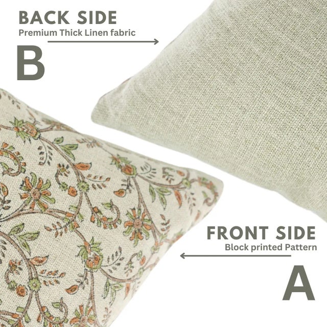 Fabdivine Throw Pillow Cover 14x14 Inch Handmade Thick Linen Cushion With Block Print- Varanshi For Sale - Image 6 of 8