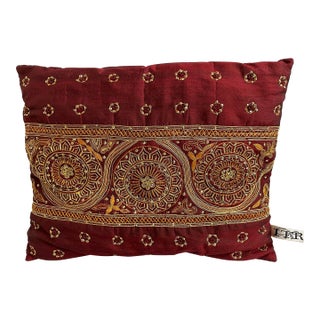 Vintage Raw Silk Boho Chic Embroidered Pillow For Sale