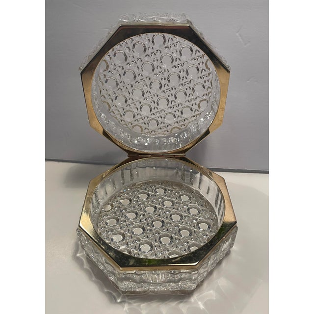 Octagonal MCM glass and brass jewelry, dresser box or casket. Unmarked, in the Baccarat style. Combined shipping...