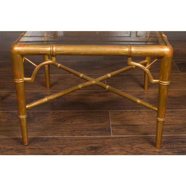 Gold Pair of French Midcentury Gilt Faux Bamboo Drinks Tables with Glass Tops For Sale - Image 8 of 12