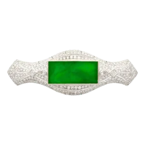 Art Deco Jadeite and Diamond Brooch Pin 18K White Gold