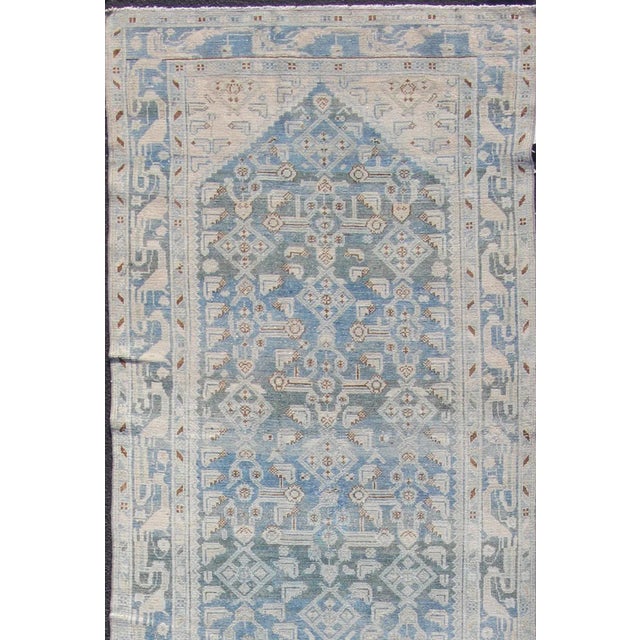Light color blue and neutral long antique Persian Malayer runner with Sub-Geometric Herati design. Intricately designed...