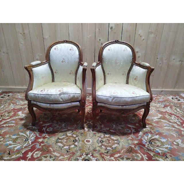Louis XV Style Bergère Armchairs in Silk, Set of 2 For Sale - Image 4 of 9