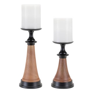 Tapered Wood and Metal Candle Holder (Set of 2) For Sale