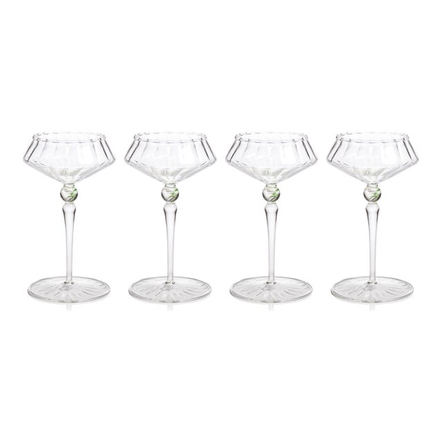 Ondine 4-Piece Set Fluted Coupe Glasses, Clear with Sea Green Accent For Sale - Image 4 of 4