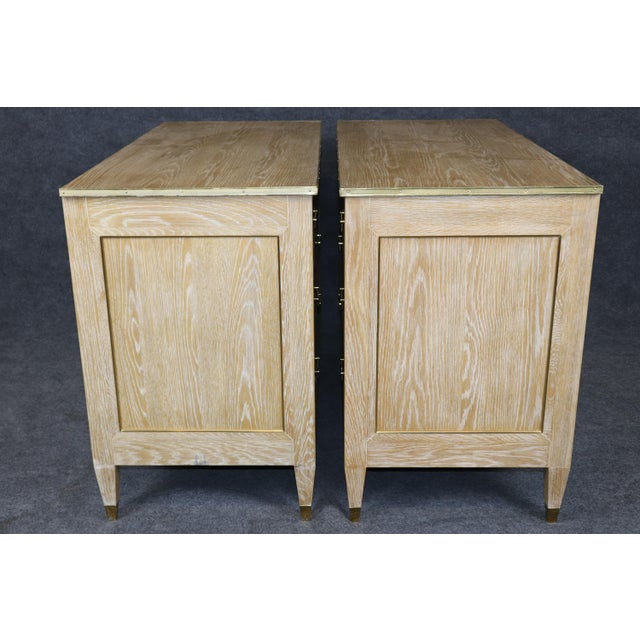 Modern History Home Pair English Made Louis XVI Style Brass Mounted Ceruse Oak Commodes For Sale - Image 4 of 12