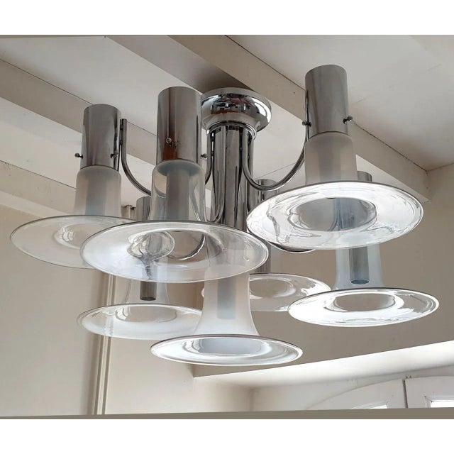 Large Murano glass & chrome chandelier or flush-mount light, Mid Century Modern style, attributed to Carlo Nason, for...