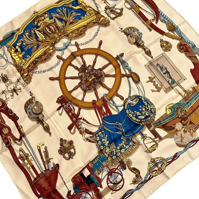 About This Piece: and rare, this Hermes Musee scarf is a vintage treasure. Crafted from luxurious 90cm silk in a tan hue,...