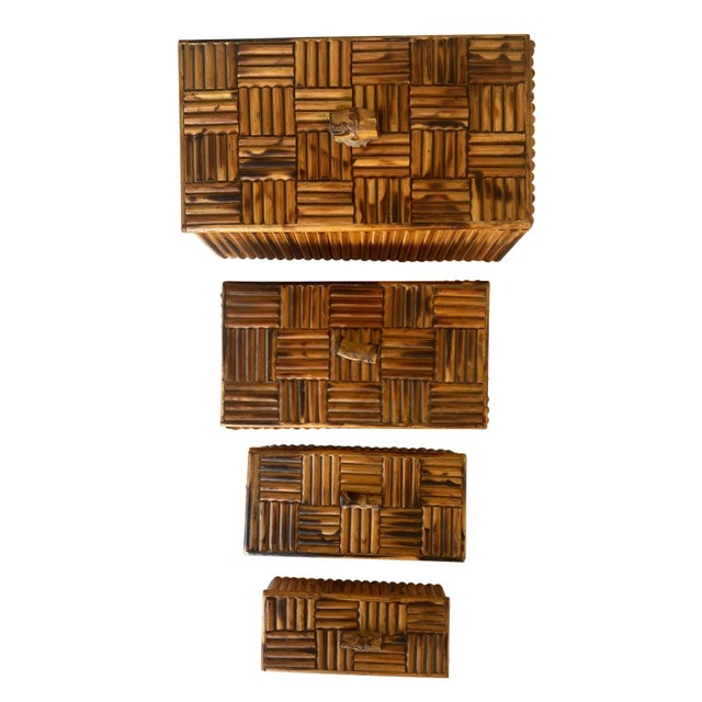 Vintage Bamboo Parquet Boxes With Bamboo Root Pulls, Graduated - Set of 4 For Sale - Image 4 of 13