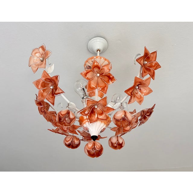 Vintage Italian Murano Style Amber Brown Floral Chandelier - Porcelain Body With Crystal Teardrops For Sale - Image 15 of 18